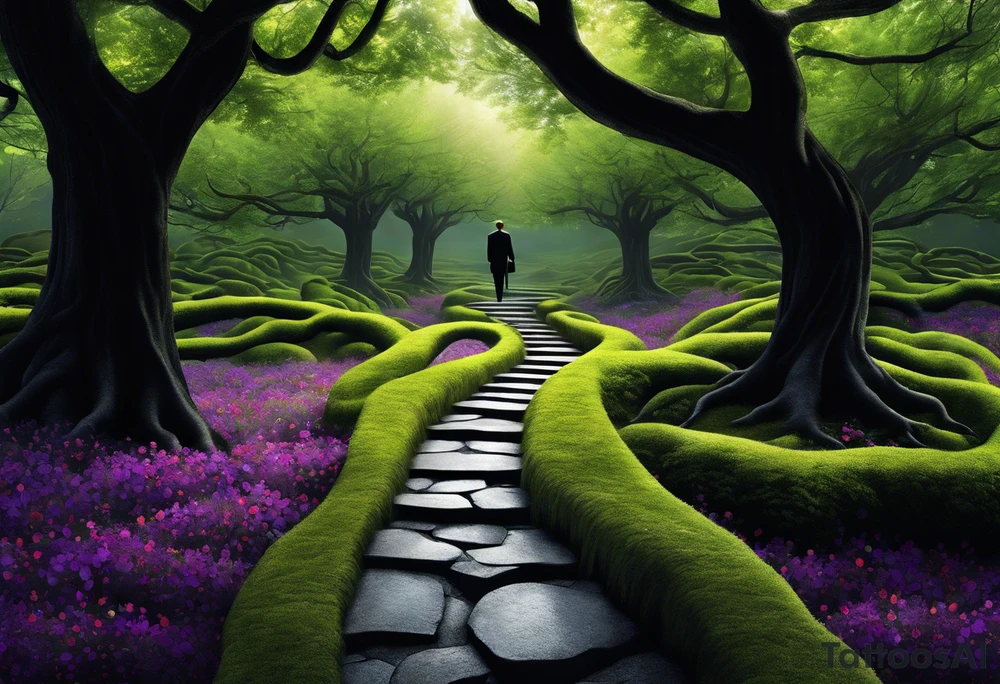 A winding uneven stone path, either side is mystical looking flora and tree roots, the path ends in a bundle of treee roots that turn into a galaxy. walking the path is a black sillouette of a man in a suit with a cat walking next to him, spread out randomly along the design are three other cat silhouettes hiding in the borders. at the very end of the path is a black silhouette of a woman in a dress holding an umbrella facing to her left. tattoo idea