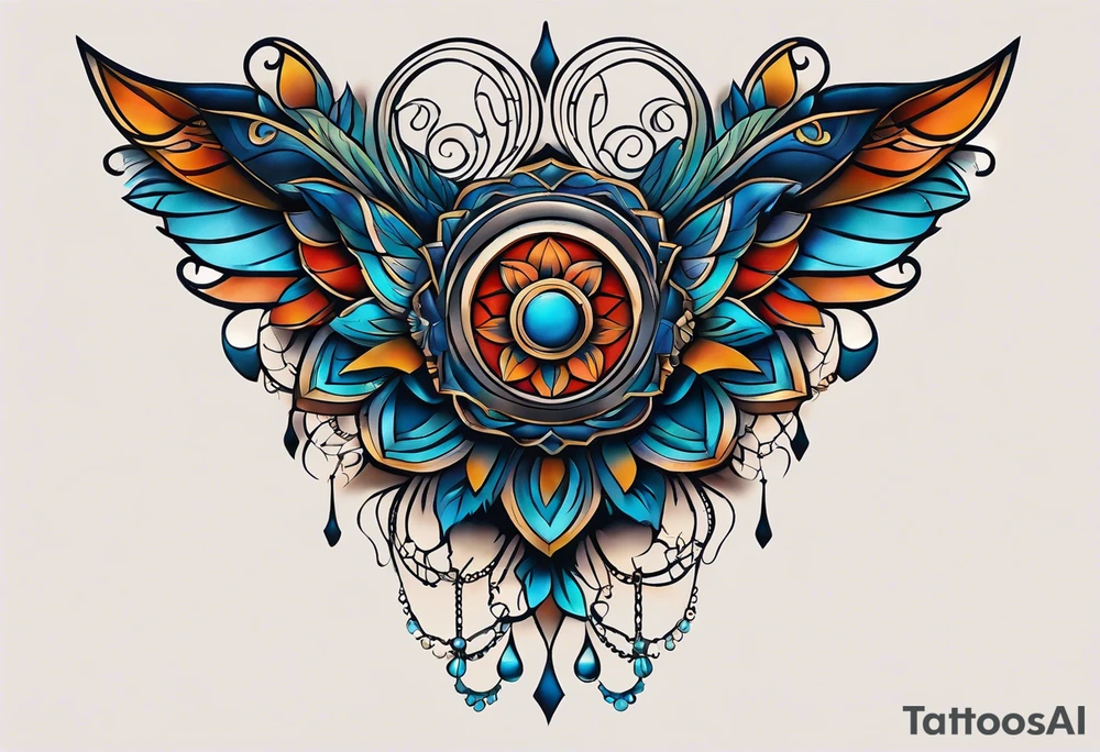 semi Detailed neo traditional knee tattoo flat on paper. The tattoo features geometric patterns and bold lines, creating a visually striking design with slight tints of deep fall colors. outside the tattoo features deep blues washes and water swirls in fall elements and colors tattoo idea