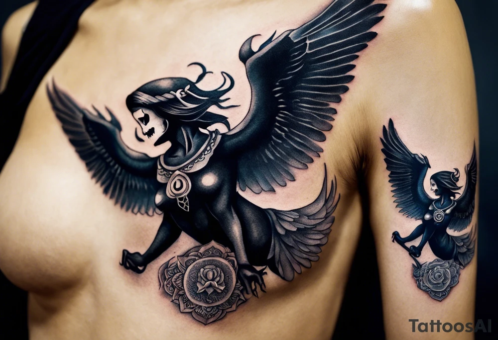 black kali, goddess pirate, alien, angel, pachamama, valkrye, warrior, flying, skull, lotus azul, wing, eagle, zenza resonance, stars, 5D, anahata chakra, death, durga, riding on a tiger, flying lady, kundalini, chest tatoo, rebel tattoo idea