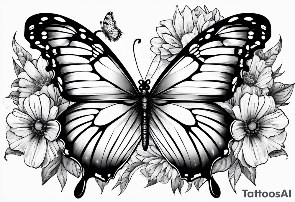 Butterfly with aster and morning glory flowers on 2 wings tattoo idea