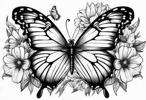 Butterfly with aster and morning glory flowers on 2 wings tattoo idea