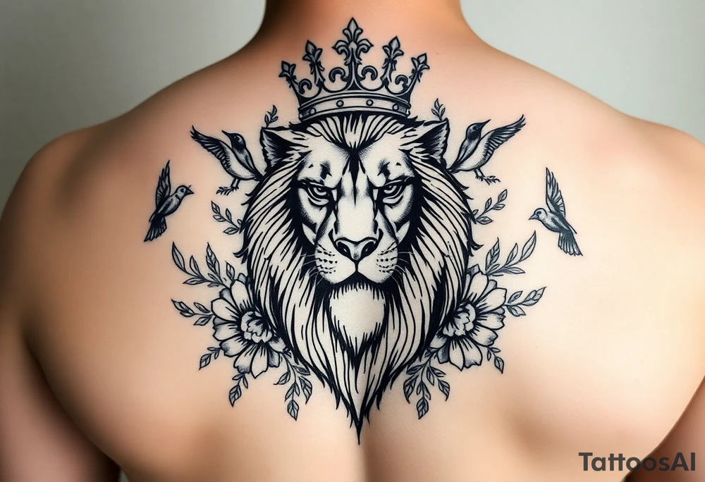 powerful majestic lion with a crown, surrounded by floral ornaments and birds tattoo idea
