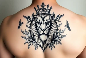 powerful majestic lion with a crown, surrounded by floral ornaments and birds tattoo idea