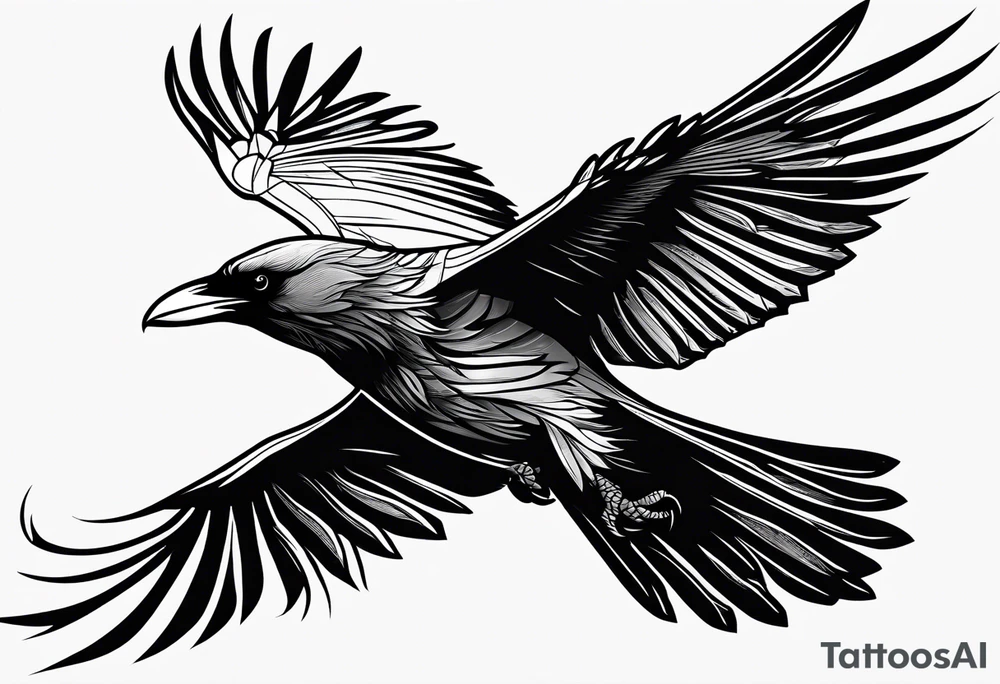 draw the outline of a flying raven, both wings are full on fire tattoo idea