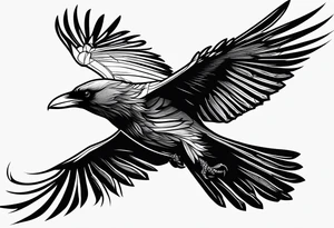 draw the outline of a flying raven, both wings are full on fire tattoo idea