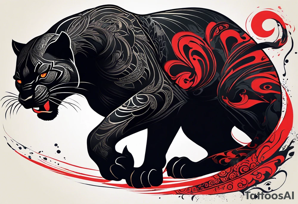 unique black panther tattoo, dynamic pose, showcasing its strength and grace, striking red eyes, intense and captivating elements, artistic flair, blending realism with abstract elements tattoo idea