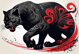 unique black panther tattoo, dynamic pose, showcasing its strength and grace, striking red eyes, intense and captivating elements, artistic flair, blending realism with abstract elements tattoo idea