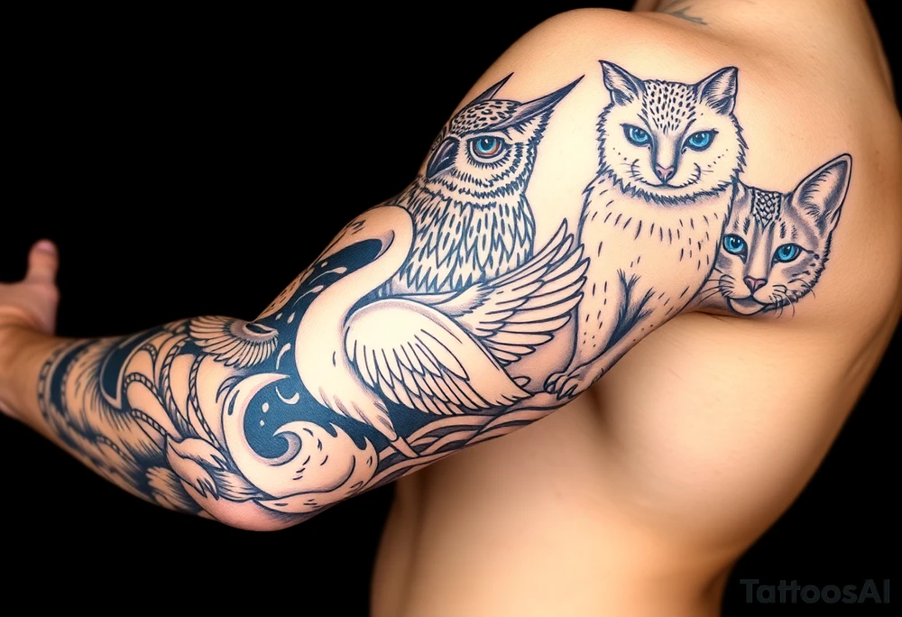 Animals, bull, dog, swan, owl, cat, tattoo idea