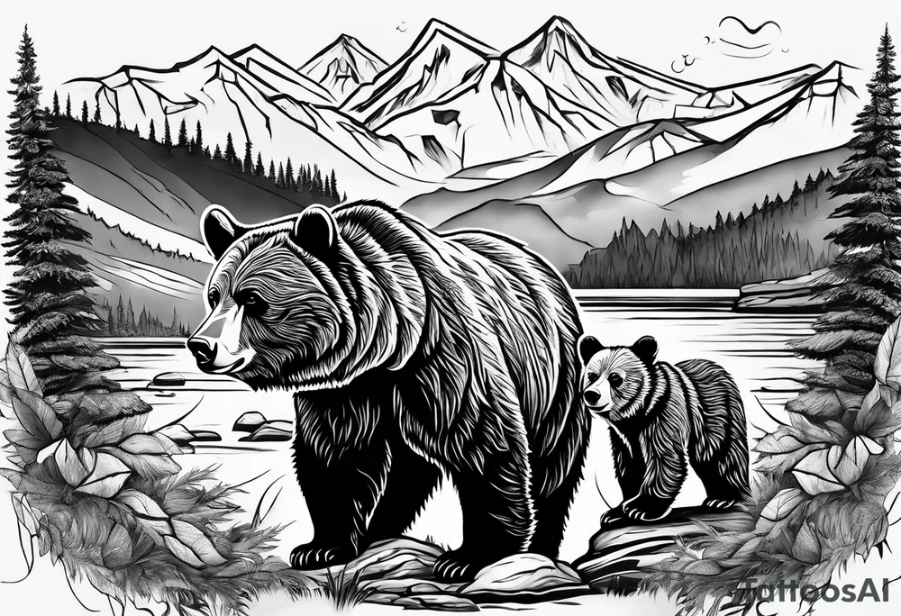 mamma bear and cub with mountains tattoo idea