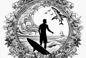 surfer with sharks surrounding tattoo idea