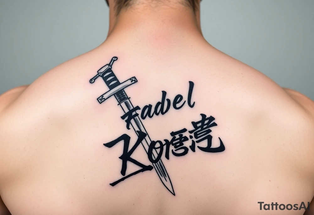 Katana and fabled written in korean tattoo idea