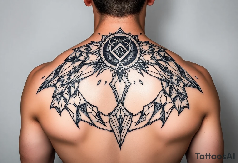 other worldly that covers the upper middle back and is geometric that also uses negative spaces tattoo idea