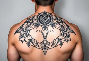 other worldly that covers the upper middle back and is geometric that also uses negative spaces tattoo idea
