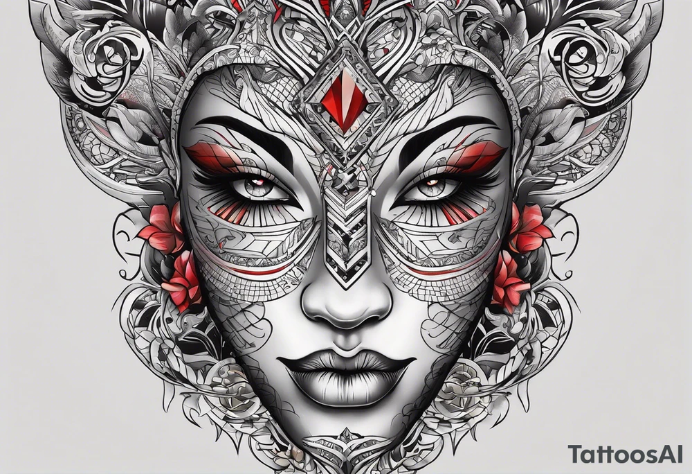 Visualize an (((extremely detailed and advanced tattoo design))), where the name 'LA' stands out in a (((distinctively shaped neck))), adorned with intricate ((colored red and black) lining that creates a (((subtle yet striking visual contrast))) against the (softly glowing, matte skin) for men tattoo idea