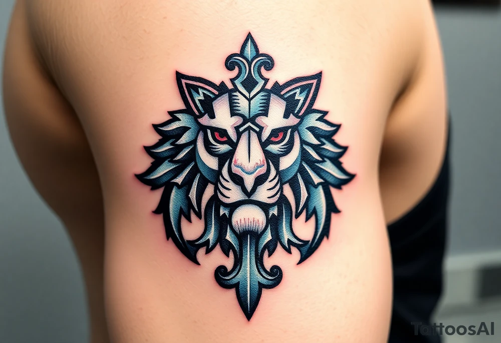 A medieval-style Czech lion emblem, with silver armor details and subtle red and blue highlights. tattoo idea