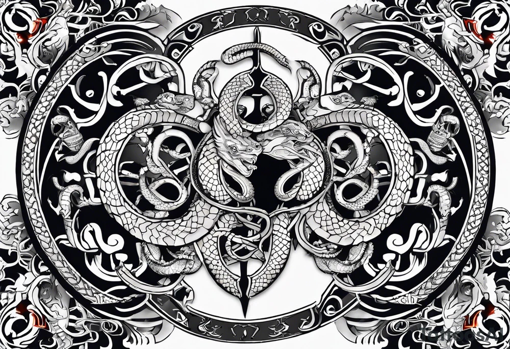 A shield adorned with coiled snakes and scorpions underneath. Bold outlines for the shield and creatures, with detailed patterns. Delicately depict the scales of snakes and the segmented bodies of scorpions. Integrate the creatures harmoniously with the overall design. tattoo idea