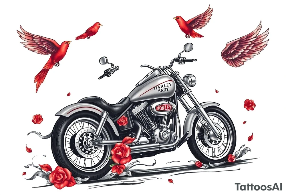 Harley grey motorcycle driving away, two red birds flying, roses, flames, angel wings tattoo idea