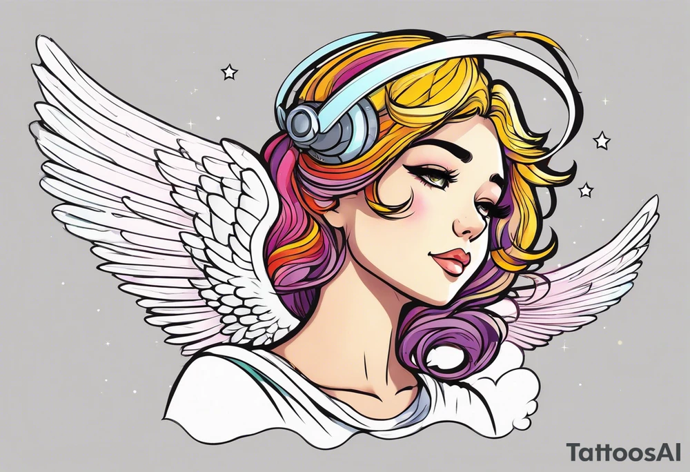 girl angel side profile, with wings, with floating halo, anime style tattoo idea