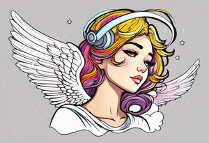 girl angel side profile, with wings, with floating halo, anime style tattoo idea