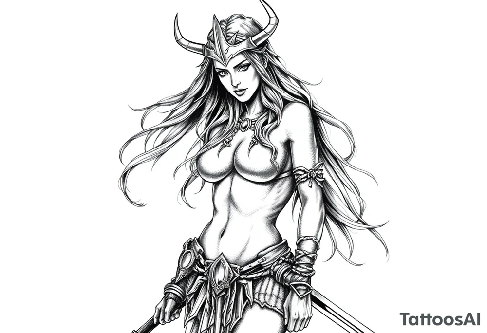 Viking goddess warrior full body sexy long hair pin up tattoo idea