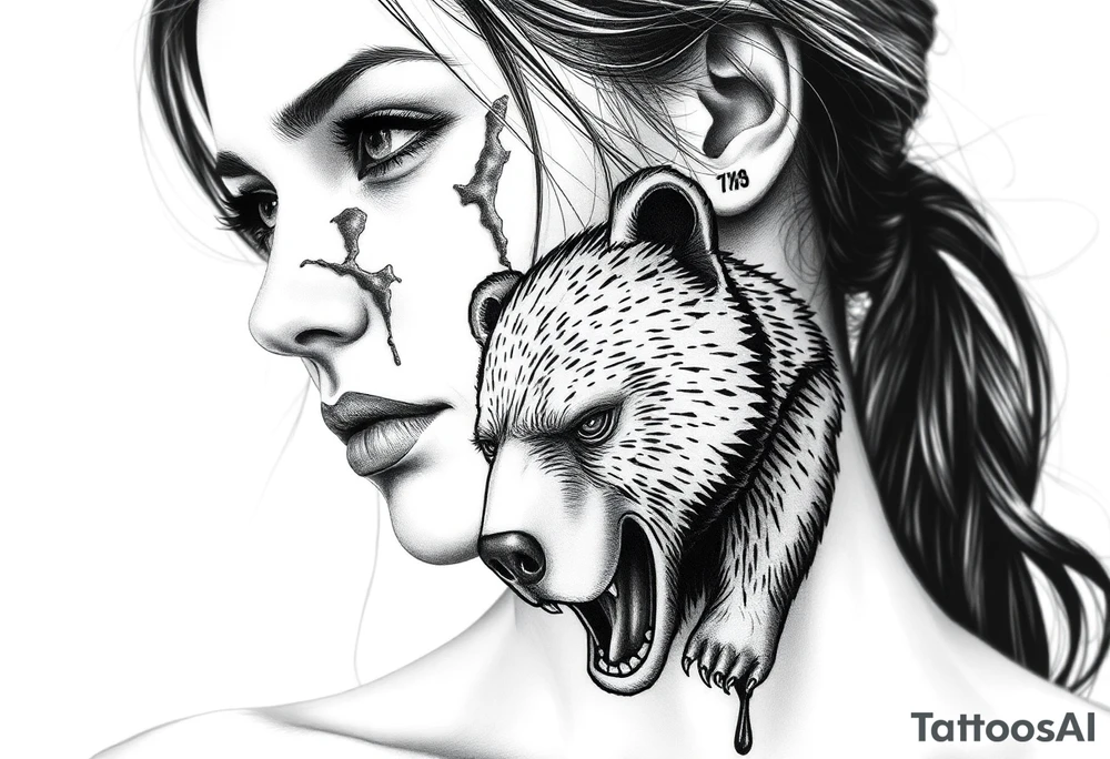 Beautiful Woman with battle scars and blood on face wearing bear cadaver tattoo idea