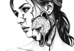 Beautiful Woman with battle scars and blood on face wearing bear cadaver tattoo idea