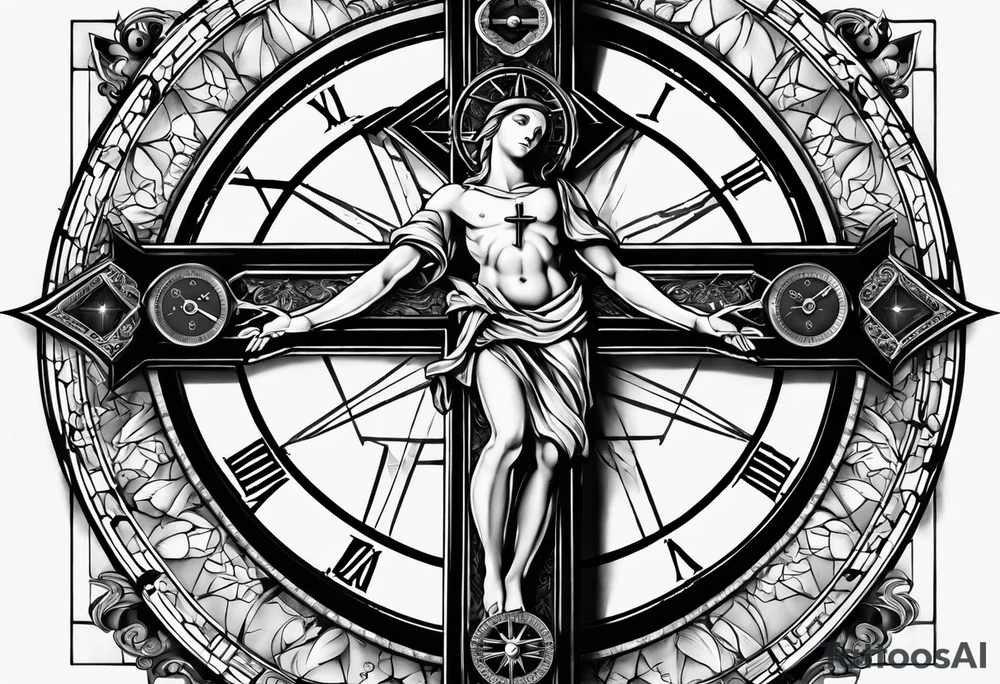 Crucifix with clock and compass in the middle tattoo idea