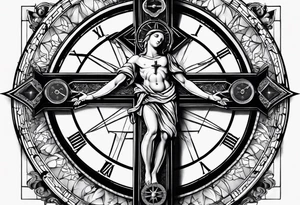 Crucifix with clock and compass in the middle tattoo idea