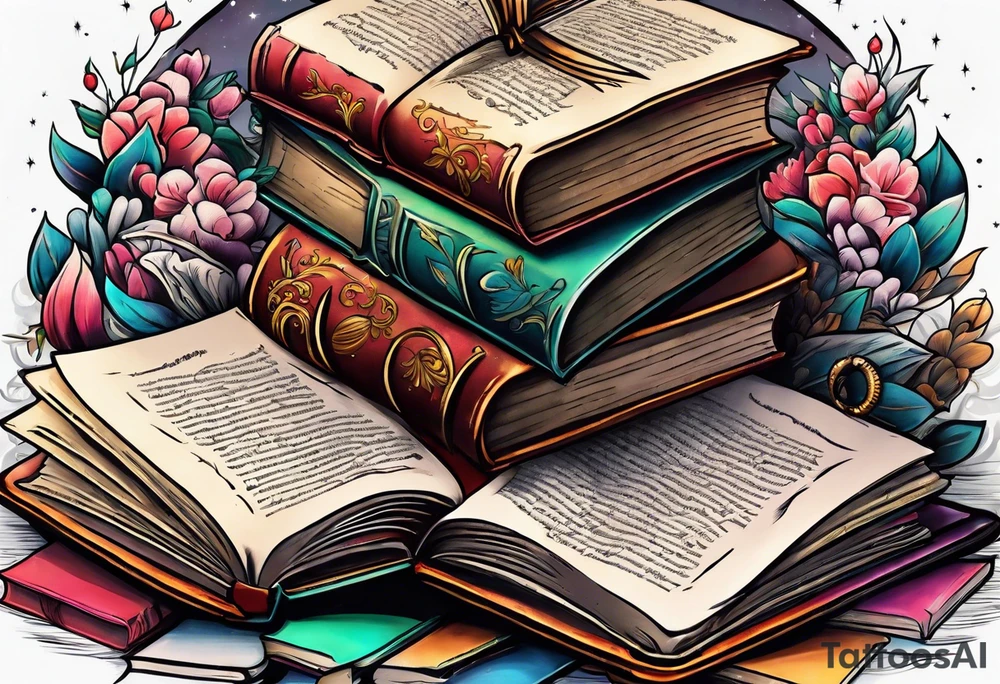 pile of open books tattoo idea