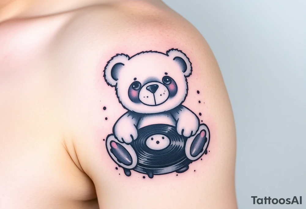 minimalist teddy bear with vinyl records as eyes smiling and sitting on a record tattoo idea