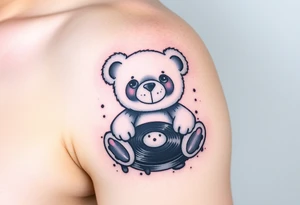 minimalist teddy bear with vinyl records as eyes smiling and sitting on a record tattoo idea