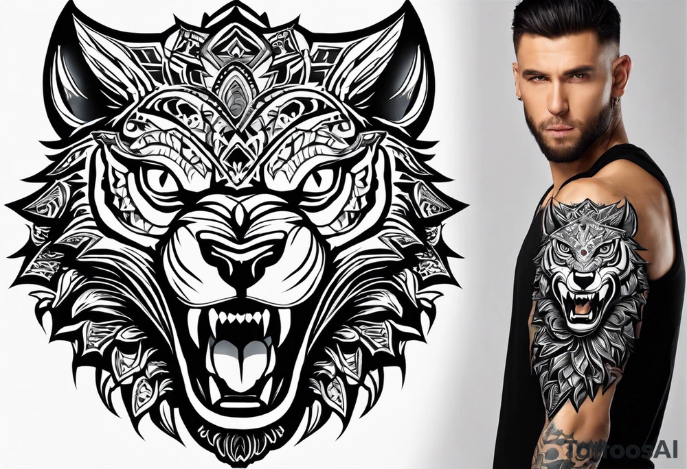 A tattoo designed for the knee, featuring the face of a feral beast with wild, exaggerated features, such as sharp fangs, intense eyes, and a snarling expression. The design incorporates large areas of white space for contrast, with beams of light or energy radiating outward from the beast’s eyes in a chaotic and powerful pattern. The overall look should be bold and primal, with flowing lines that adapt naturally to the curvature of the knee. tattoo idea