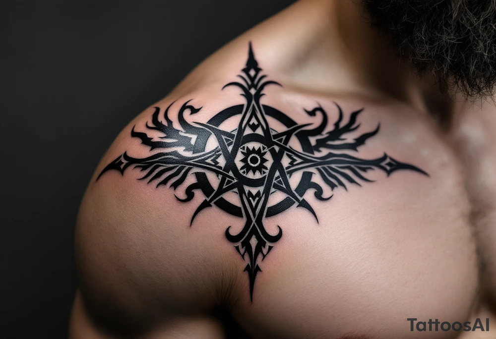 shoulder vegvisir with viking symbols tattoo idea