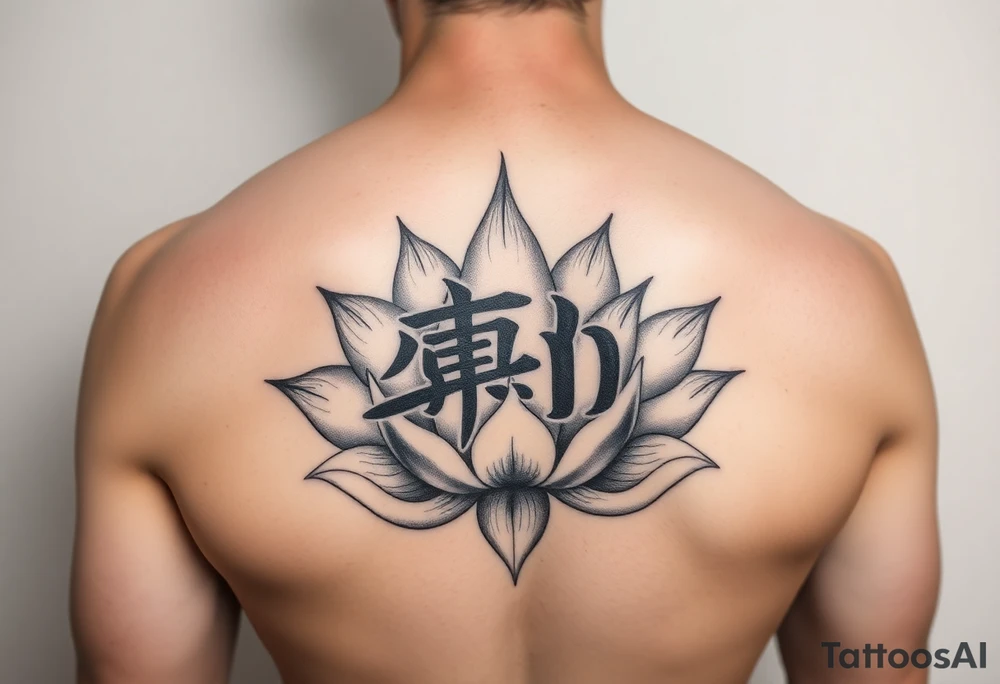 neo-traditional burning letter, lotus background, black and grey shading tattoo idea