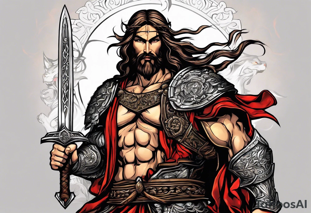 Almighty powerful Jesus in his indestructible armor and using his sword to cut off the three-head Serpent heads tattoo idea
