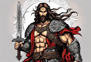 Almighty powerful Jesus in his indestructible armor and using his sword to cut off the three-head Serpent heads tattoo idea