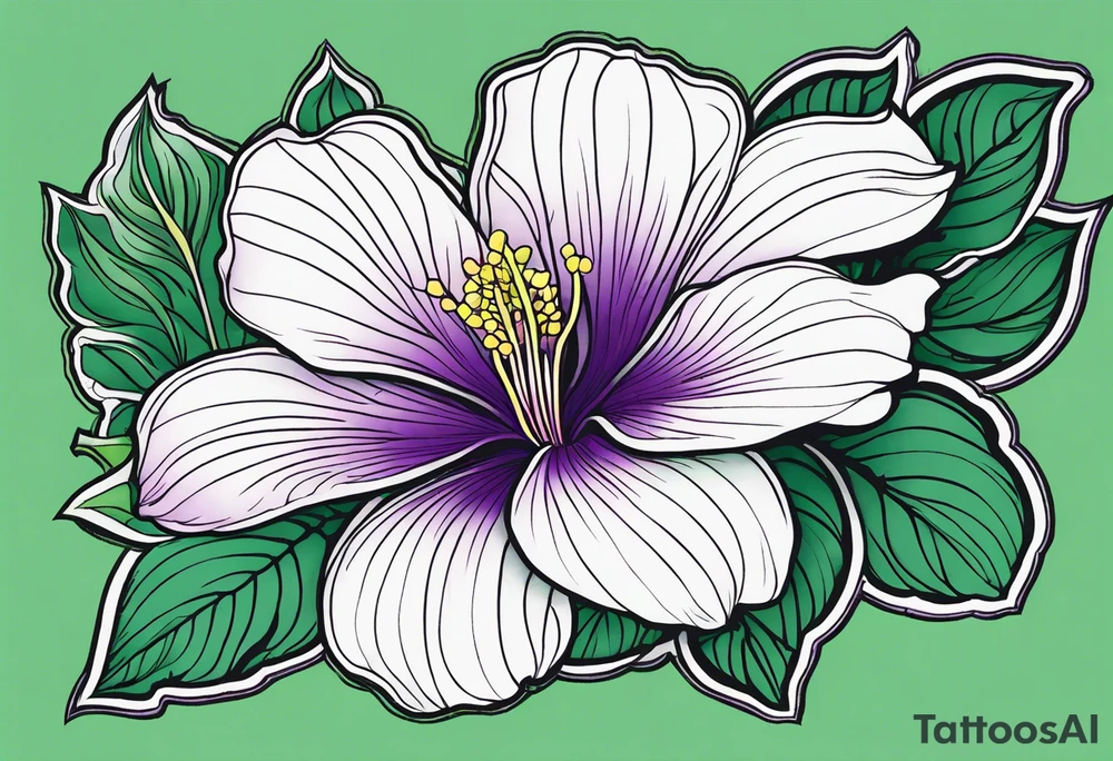 An outline of a rio dipladenia flower with a brush stroke green and purple background tattoo idea