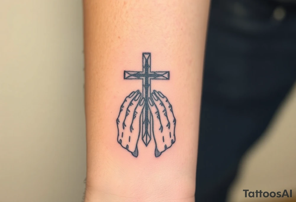 cast all your anxiety on him because he cares for you" with a cross and hands tattoo idea
