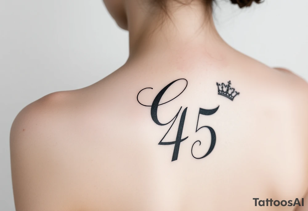 Capital G letter handwritten script with a crown tilted to the left on the front right shoulder on top of a number 45 tattoo idea