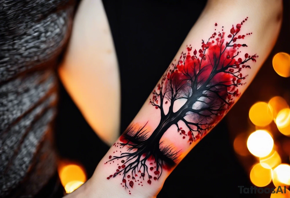 trash polka style. Arm tattoo. Long tattoo. Full sleeve. Shoulder. A single large maple tree with red autumn leaves that branches upwards from wrist to shoulder. White-throated dipper bird on the trees branches. Calluna flowers at the base of the trees stem. Tree stem has dark colors. Red/yellow sunset behind the trees stem. Leaves falling. tattoo idea