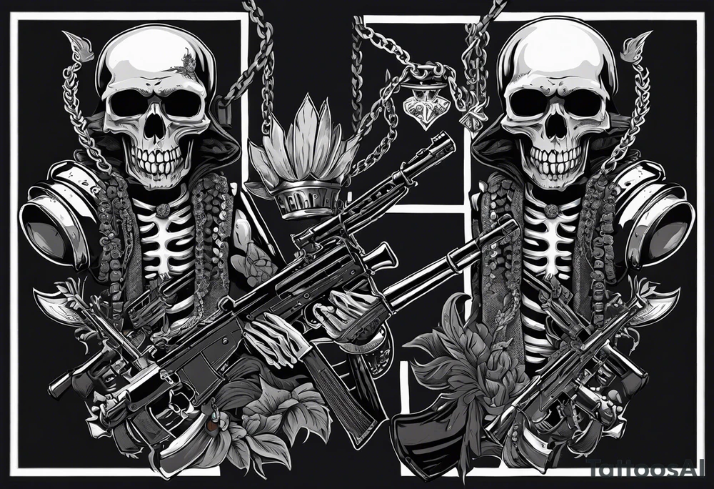 image of a skeleton standing frontally with a crown on his head, holding an AK-47 on his shoulder with his right hand. The chain on the left should be taut, there are three angry barking Dobermans in it, near the waist tattoo idea