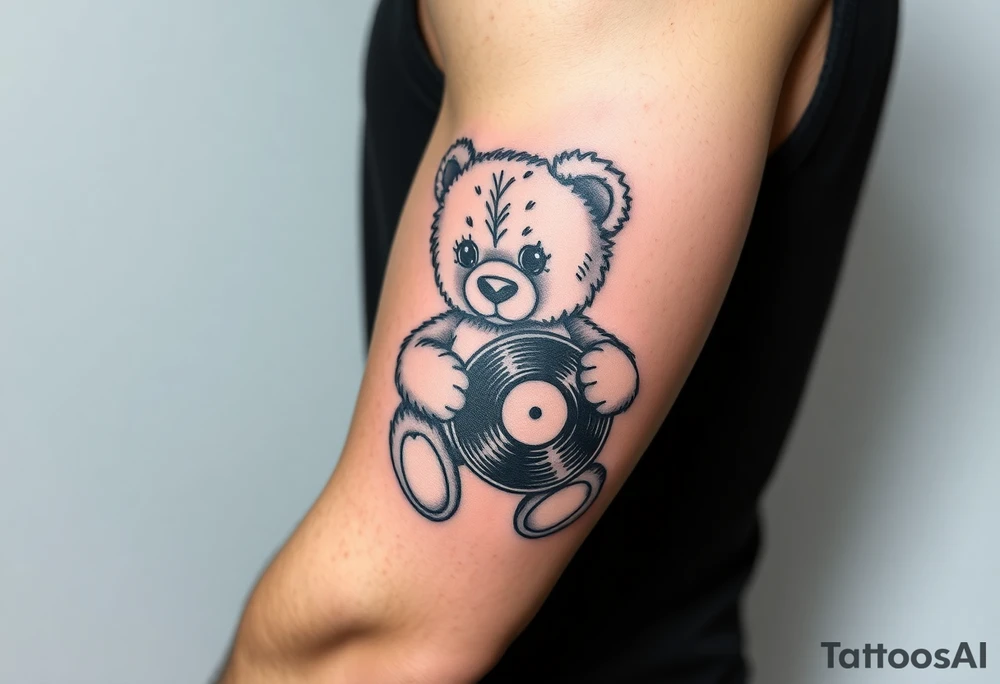 teddy bear holding a vinyl record tattoo idea