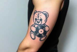 teddy bear holding a vinyl record tattoo idea