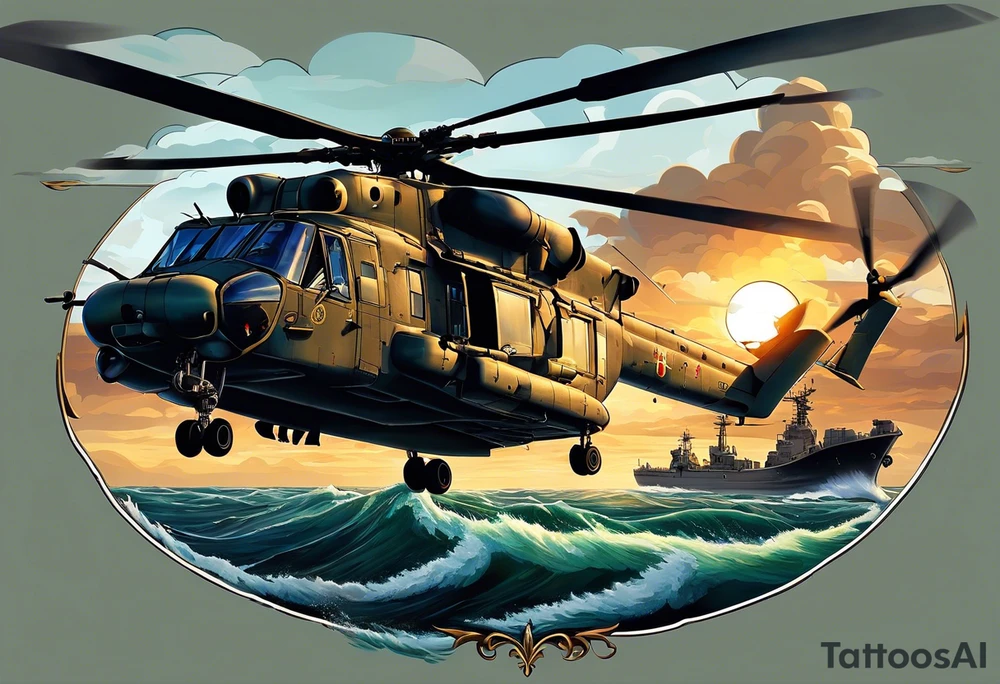 A cinematic-style tattoo depicting a Canadian military CH-148 Cyclone helicopter performing a daring maneuver over a turbulent ocean. The sky should be filled with dramatic clouds, and the sun should be setting, casting long shadows. The helicopter should be the main focus, with intricate details and a sense of motion. In the background, a poppy should be prominently displayed, and a quote from 'Lest We Forget' should be included, black and white tattoo tattoo idea