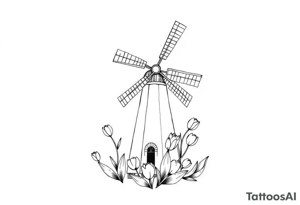 Dutch windmill with tulips tattoo idea