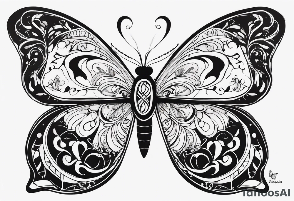 butterfly with one wing black scribbles, the other wing beautiful and colorful, the body has the date 1.9.2023 and the words written "I chose to live." tattoo idea