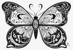butterfly with one wing black scribbles, the other wing beautiful and colorful, the body has the date 1.9.2023 and the words written "I chose to live." tattoo idea