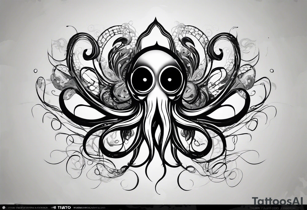 The equivalent of a horror and bizarre squid avatar. twisting and intersecting lines, making it look very wild and chaotic. The eyes of the squid are particularly prominent, one of them is white and the other is black, the overall expression is crazy and intense, with some distressed or damaged texture effects. tattoo idea