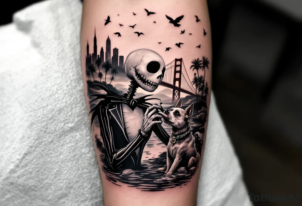 majestic jack skellington with dog,smoking a blunt and fishing,surrounded by city buildings,golden gate bridge, birds, palm trees, tattoo idea