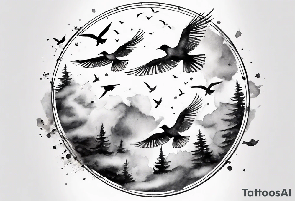 shoulder tattoo with light rays with birds flying free among the clouds, round shape, 3d effect tattoo idea shoulder tattoo with light rays with birds flying free among the clouds, round shape, 3d effect tattoo idea